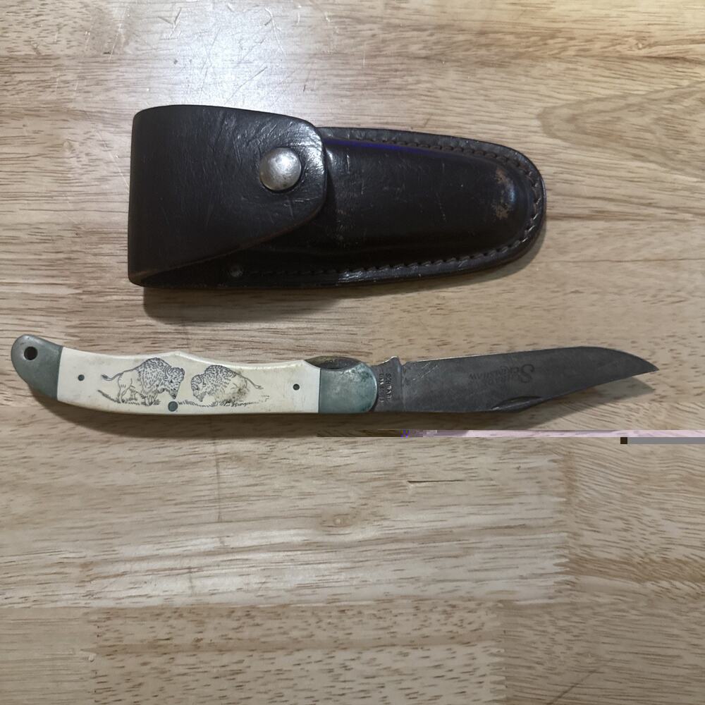 SCHRADE SC500 Single Blade Folding Knife Faux Scrimshaw Fighting Bison Buffalo